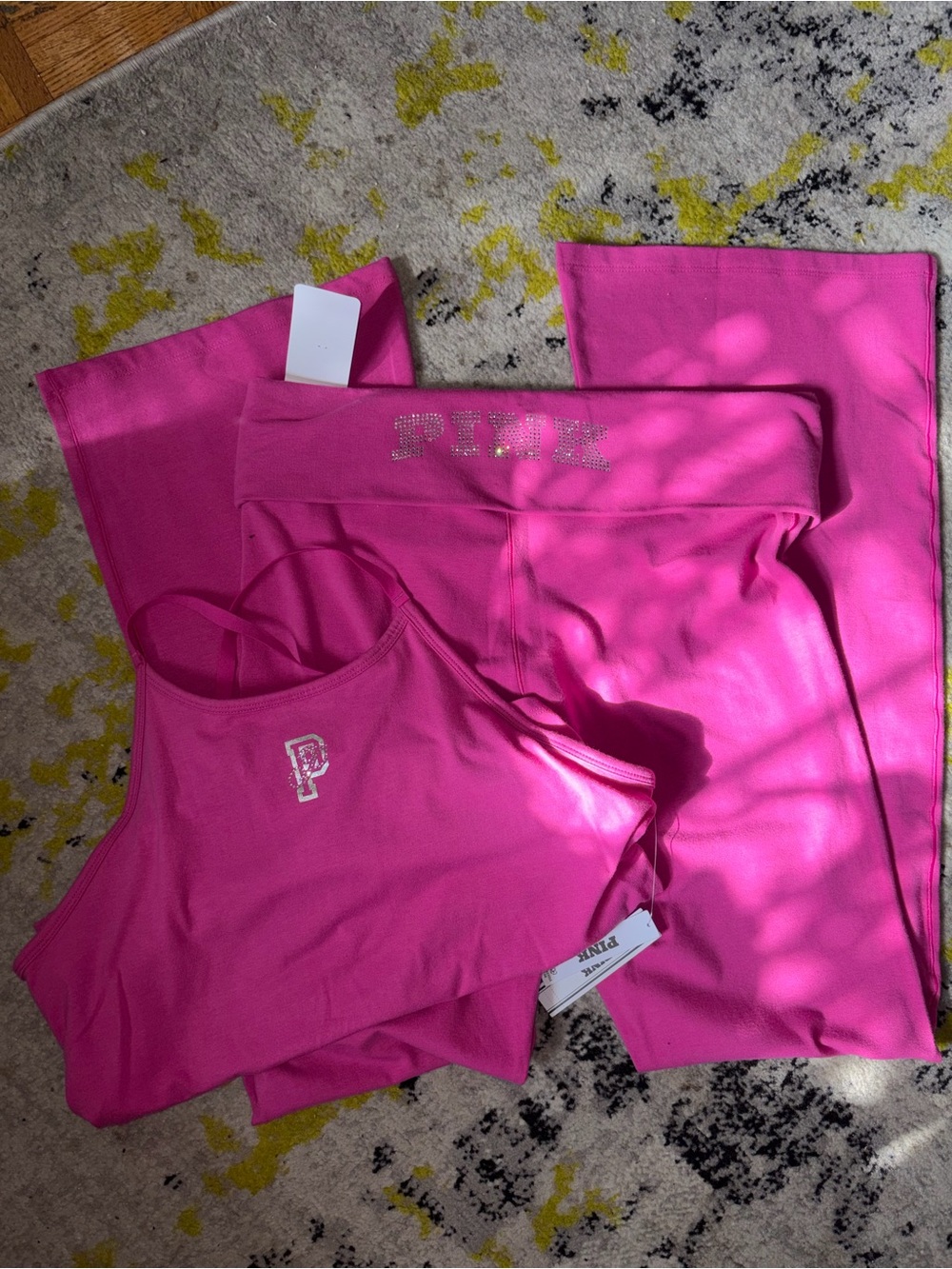 PINK Victoria's Secret Hot Pink Crystal Logo Top & Pants Set